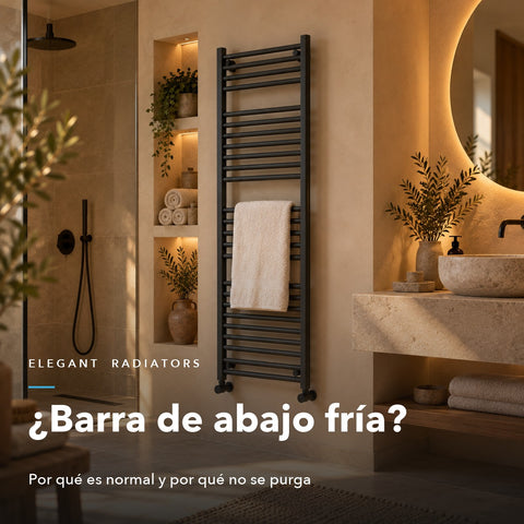 Toallero eléctrico antracita en un baño moderno — ¿barra de abajo fría? Es normal